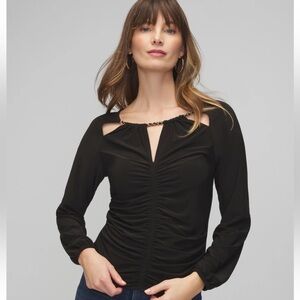 NWT White House Black Market Long Sleeve Ruched Chain Matte Black Jersey Top